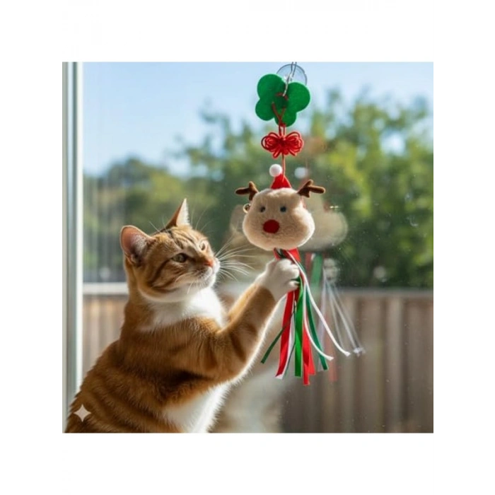 Noel Temalı Kedi Oyuncağı - Renkli İp Püsküllü ve Zilli