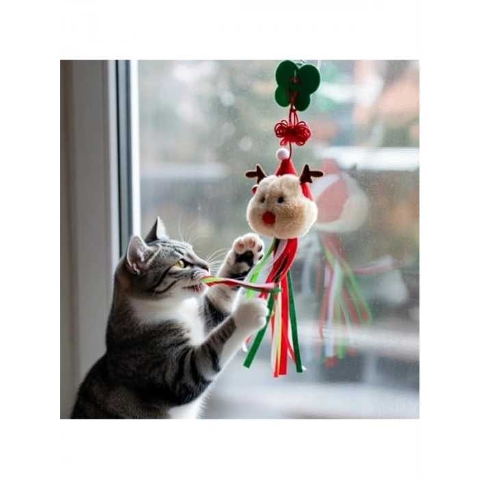 Noel Temalı Kedi Oyuncağı - Renkli İp Püsküllü ve Zilli