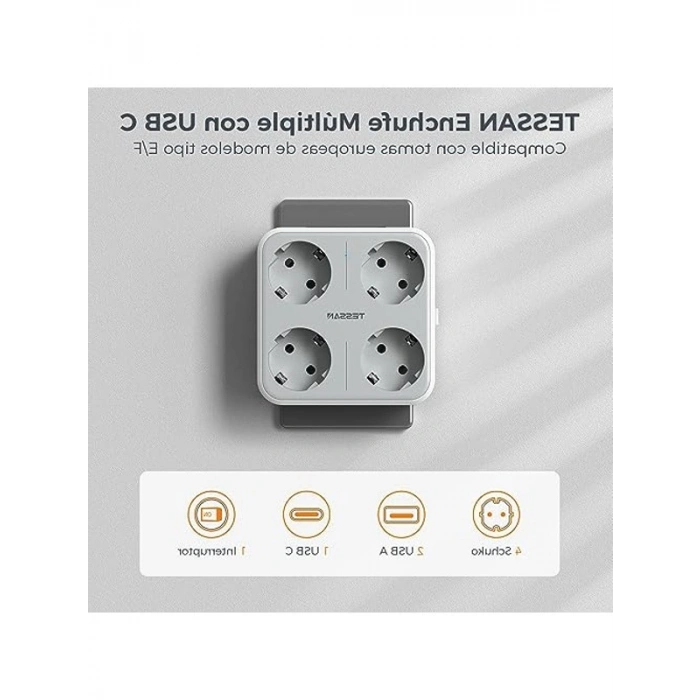 Ofis ve Mutfak İçin 4 Schuko Soket, 1 USB-C ve 2 USB A ile Çoklu Soket
