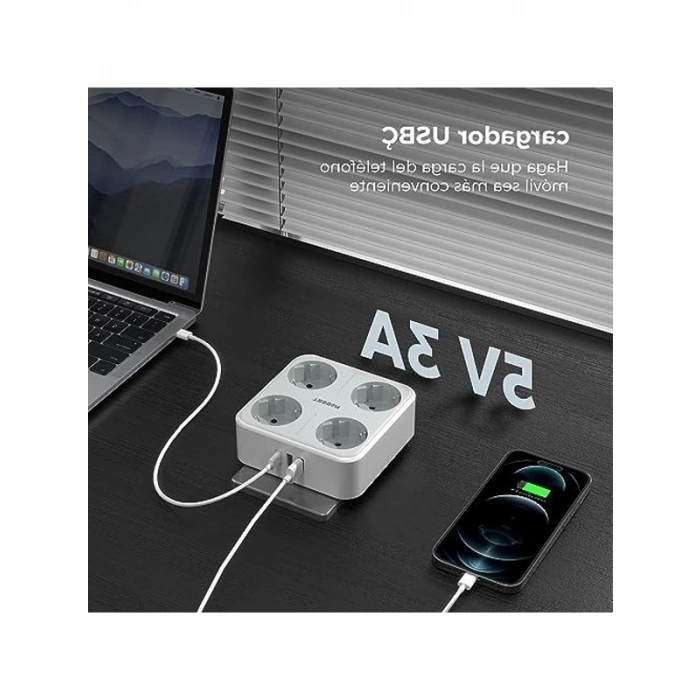 Ofis ve Mutfak İçin 4 Schuko Soket, 1 USB-C ve 2 USB A ile Çoklu Soket