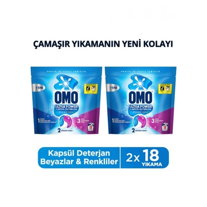Omo Ultra Power Kapsül Deterjan Beyazlar ve Renkliler 18 Yıkama X2