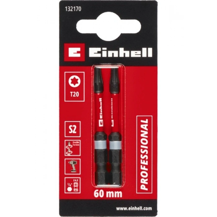 Orijinal Einhell Çift Torsiyonlu Darbeli Bit Seti, 2 Parça, 60 mm, T20 (S2 Çelik, Yüksek Dayanıklılık, Çift Torsiyon Etkisi, Kırmızı Renk Halkası, E 6.3 Sap)
