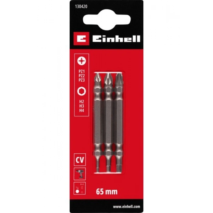 Orijinal Einhell Çift Uçlu Bit Seti, 3 Parça, 65 mm, PZ/H (Krom Vanadyum, Çok Yönlü Uç Profilleri, E 6.3 Sap) - 49130420