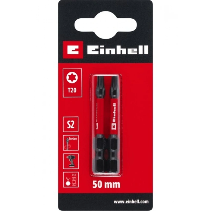 Orijinal Einhell Darbeli Bit Seti, 2 Parça, 50 mm, T20 (S2 Çelik, Torsiyon Bölgesi, Verimli Güç Aktarımı, Kırmızı Renk Halkası, E 6.3 Sap)