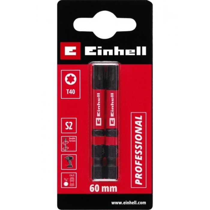 Orijinal Einhell Darbeli Bit Seti – 2 Parça, 60 mm, T40 (S2 Çelik, Çift Torsiyon Bölgesi, Yüksek Dayanıklılık, Kırmızı Renk Halkası, E 6.3 Sap) - 49132200