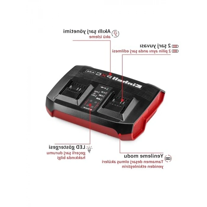 Orijinal Einhell şarj cihazı Power X-change çift şarj cihazı 4 Ah Power X-Change (18 V, 2 x 18 V akülerin eş zamanlı şarj edilmesi, sürekli akü izleme, şarj yönetim sistemi, Yenileme modu)