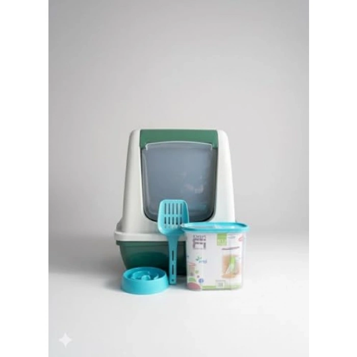 Orta Boy Kapalı Kedi Tuvaleti ve Mama Kabı Seti