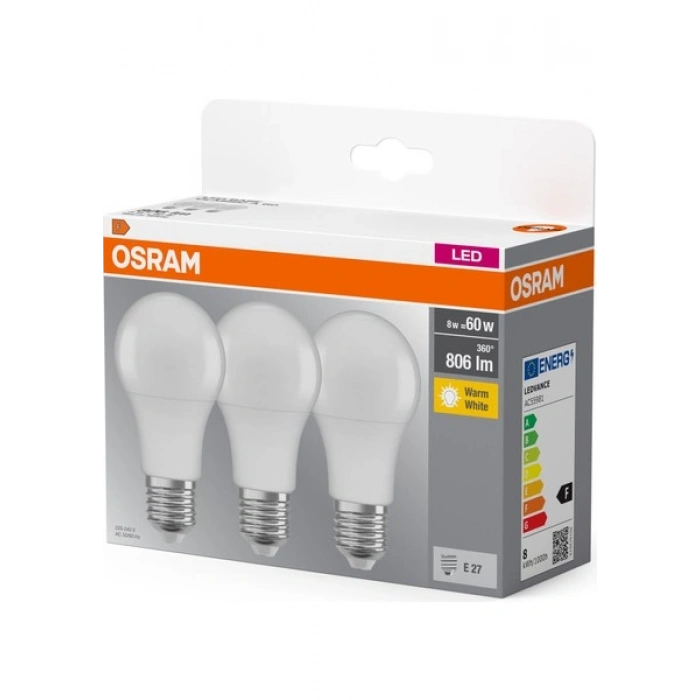 Osram LED 8W 2700K 806LM E27 Duy Sarı Işık 3lü Ampul