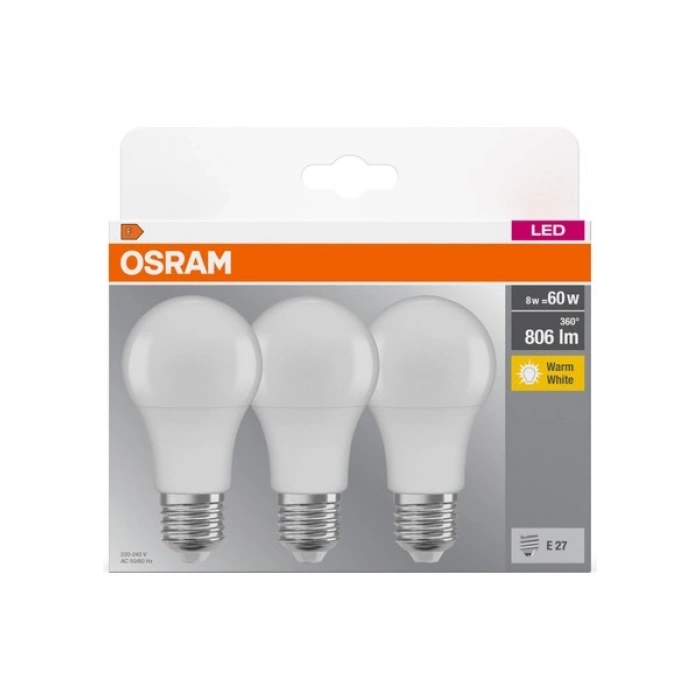 Osram LED 8W 2700K 806LM E27 Duy Sarı Işık 3lü Ampul