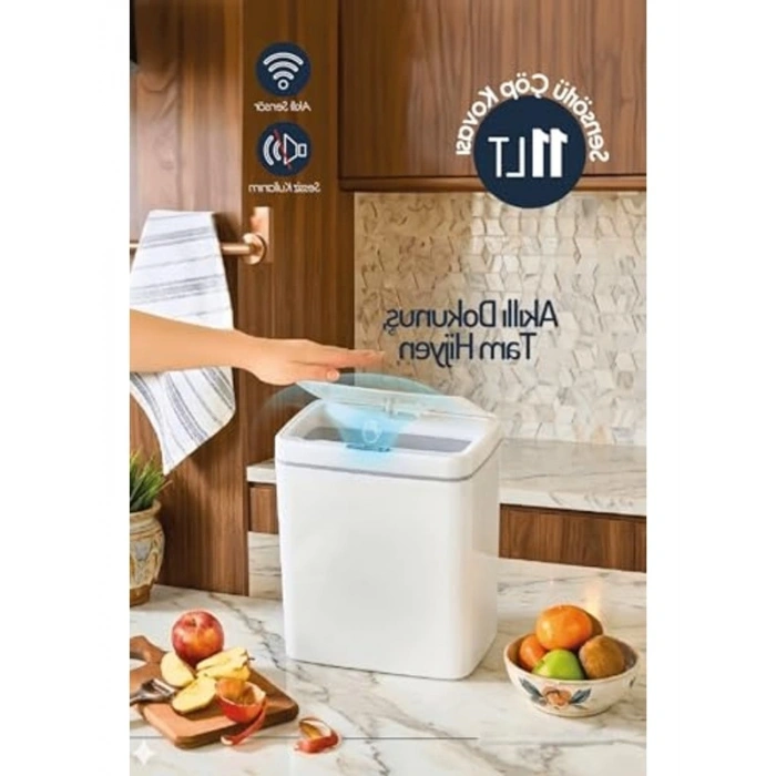 Otomatik Sensörlü Banyo Çöp Kovası, 11 Litre, Beyaz