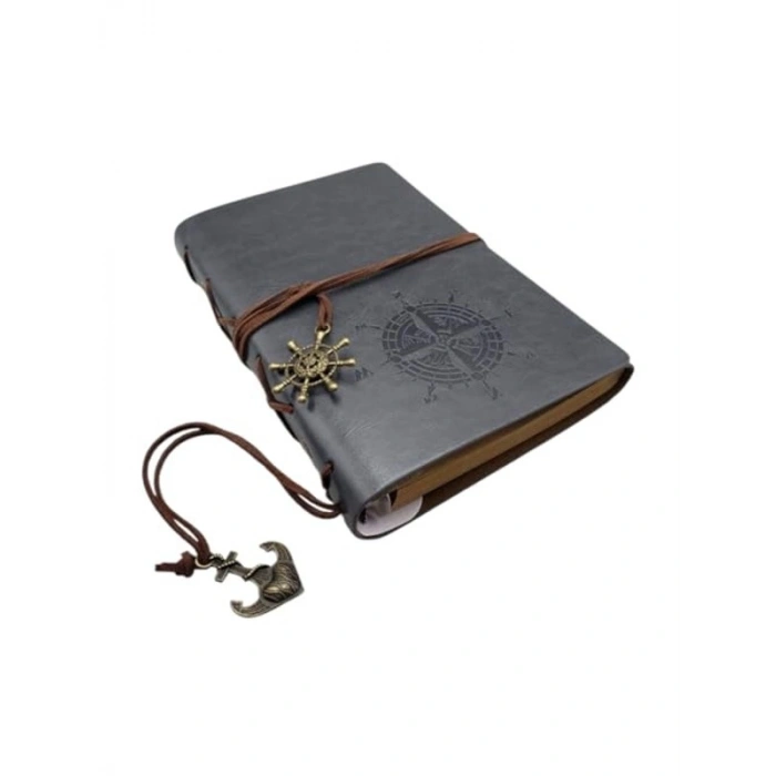 Özel Tasarım Gri Deri Günlük Defter, Vintage Pusula