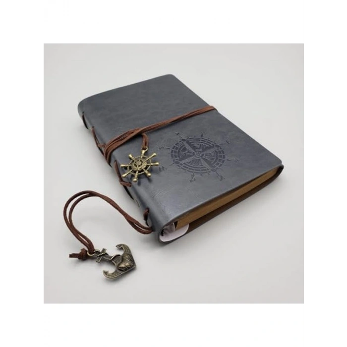 Özel Tasarım Gri Deri Günlük Defter, Vintage Pusula