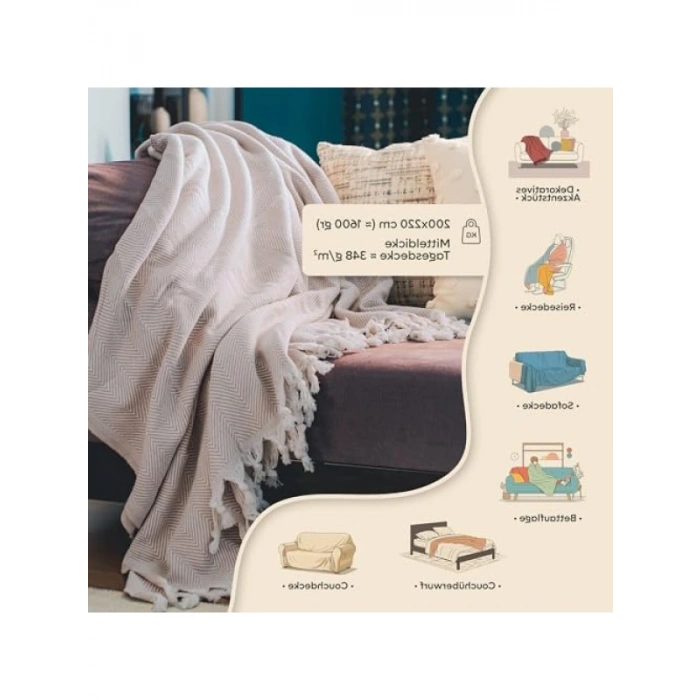 Pamuk Koltuk Örtüsü, 200x220 cm, Krem Renk, Boho Tasarım