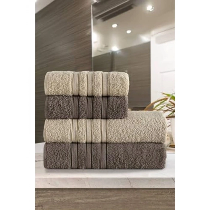 Pamuklu Banyo Havlu Seti, 4lü, 50x90, 70x140 cm, Kahve Renk