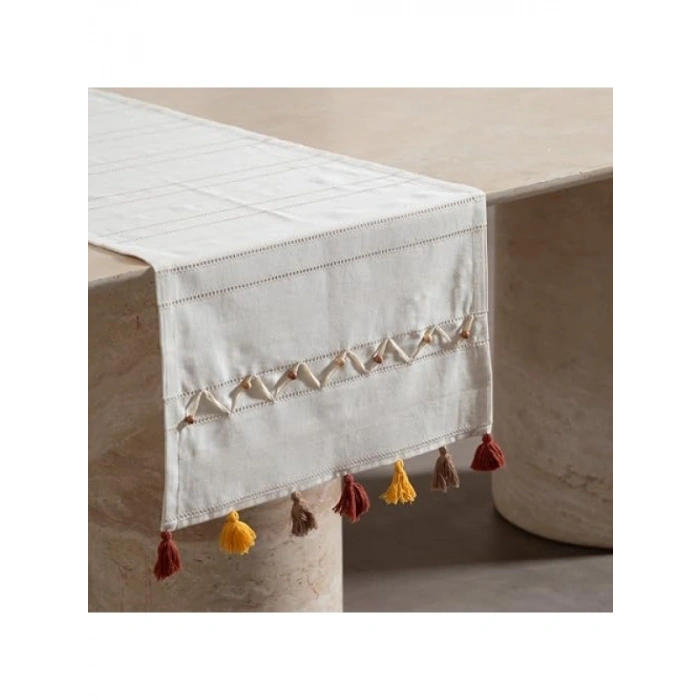 Pamuklu Boncuk Ponponlu Dekoratif Runner 50x130