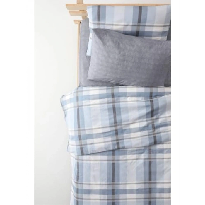 Pamuklu Ekoseli Tek Kişilik Nevresim Takımı - Mavi