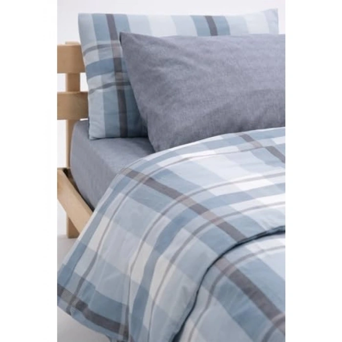 Pamuklu Ekoseli Tek Kişilik Nevresim Takımı - Mavi