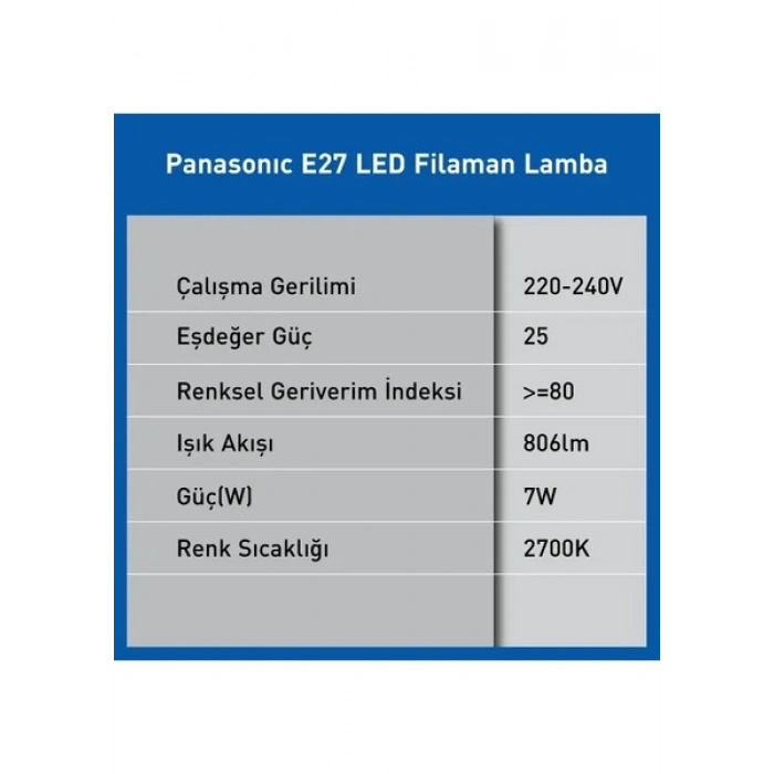Panasonic E27 Dim Edilebilir Filaman Lamba 7W 806LM 2700K Clear