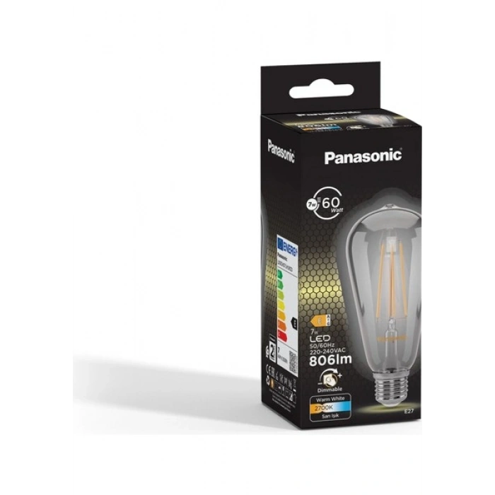 Panasonic E27 Dim Edilebilir Filaman ST64 Lamba 7W 806LM 2700K Clear