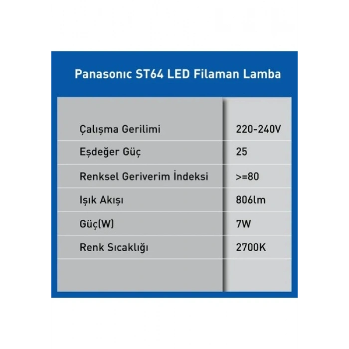 Panasonic E27 Dim Edilebilir Filaman ST64 Lamba 7W 806LM 2700K Clear