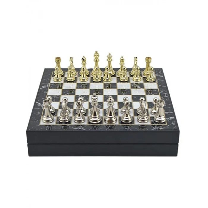 Parlak Mermer Desenli Metal Satranç Takımı