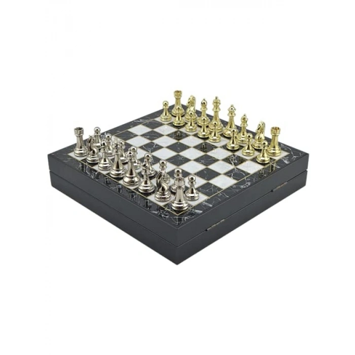 Parlak Mermer Desenli Metal Satranç Takımı