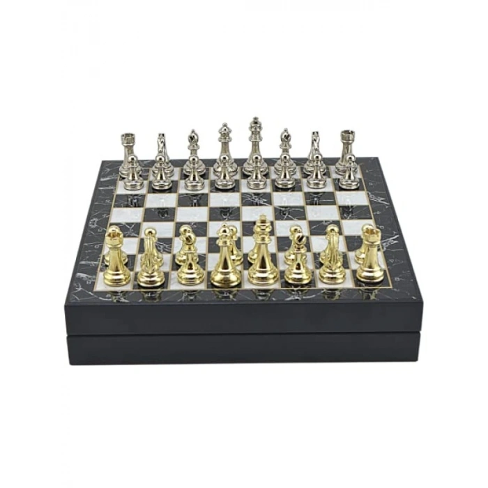 Parlak Mermer Desenli Metal Satranç Takımı