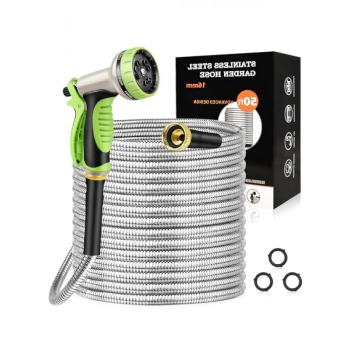 Paslanmaz Çelik Bahçe Hortumu - 50FT, 10 Fonksiyonlu Başlıklı