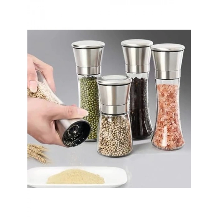 Paslanmaz Çelik Kapaklı Cam Gövdeli 19 cm Baharat Değirmeni Seti