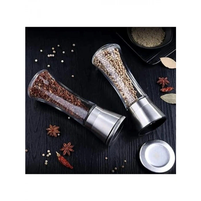 Paslanmaz Çelik Kapaklı Cam Gövdeli 19 cm Baharat Değirmeni Seti