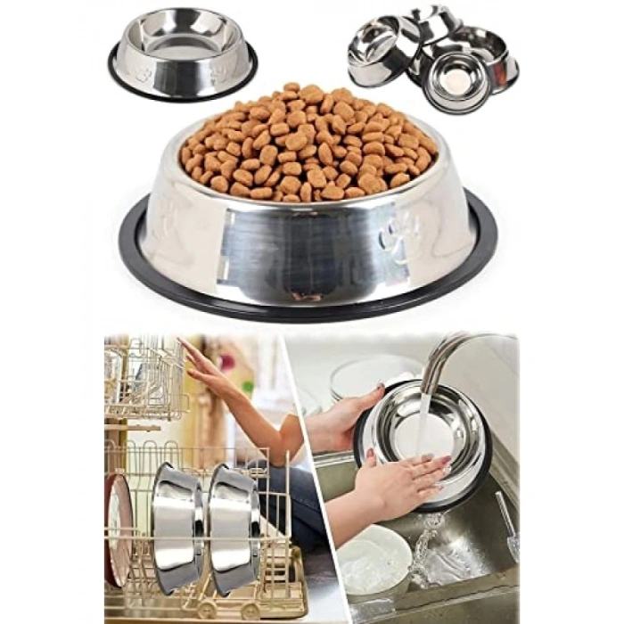 Paslanmaz Çelik Kaymaz Tabanlı Kedi ve Köpek Mama ile Su Kabı