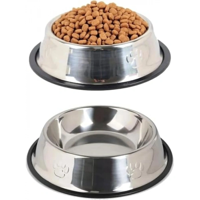 Paslanmaz Çelik Kedi ve Köpek Mama Kabı Kaymaz Tabanlı (22 cm)