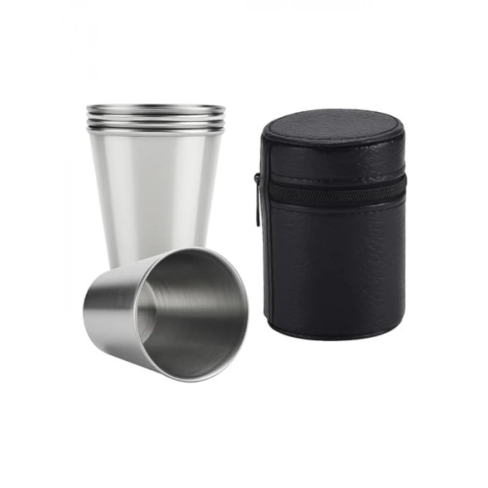 Paslanmaz Çelik Mini Kahve Bardağı Seti, 70 ml, Deri Kılıf