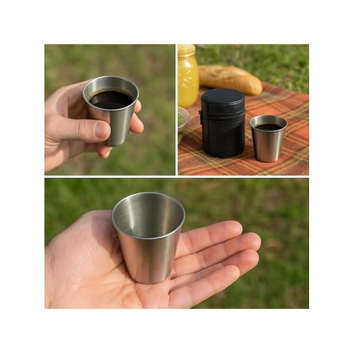 Paslanmaz Çelik Mini Kahve Bardağı Seti, 70 ml, Deri Kılıf