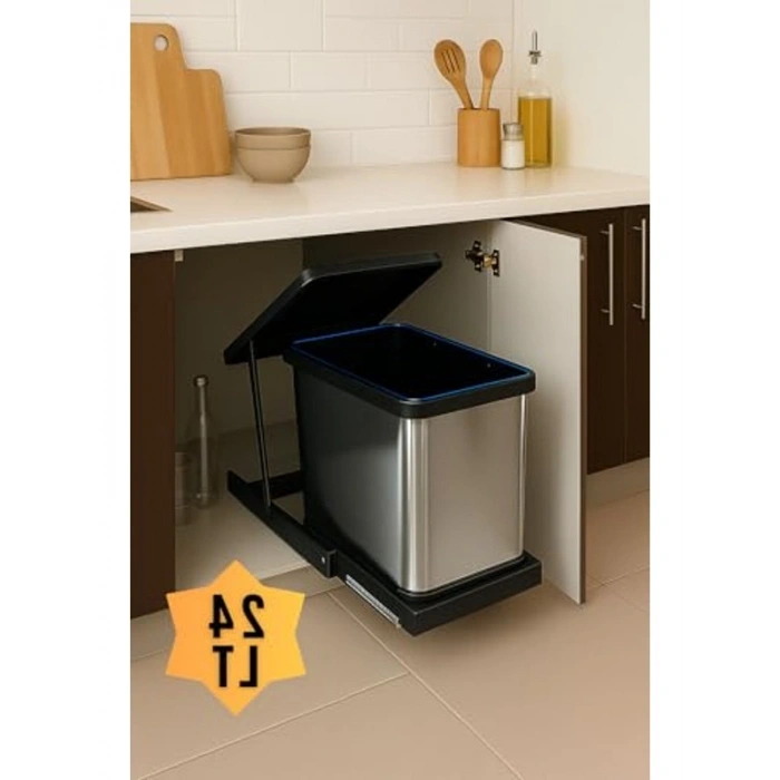 Paslanmaz Çelik Teleskopik Çöp Kovası, 24 Litre Kapasiteli