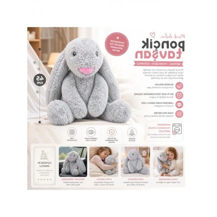 Peluş Gri Tavşan, 45 cm Yumuşak Uyku Arkadaşı