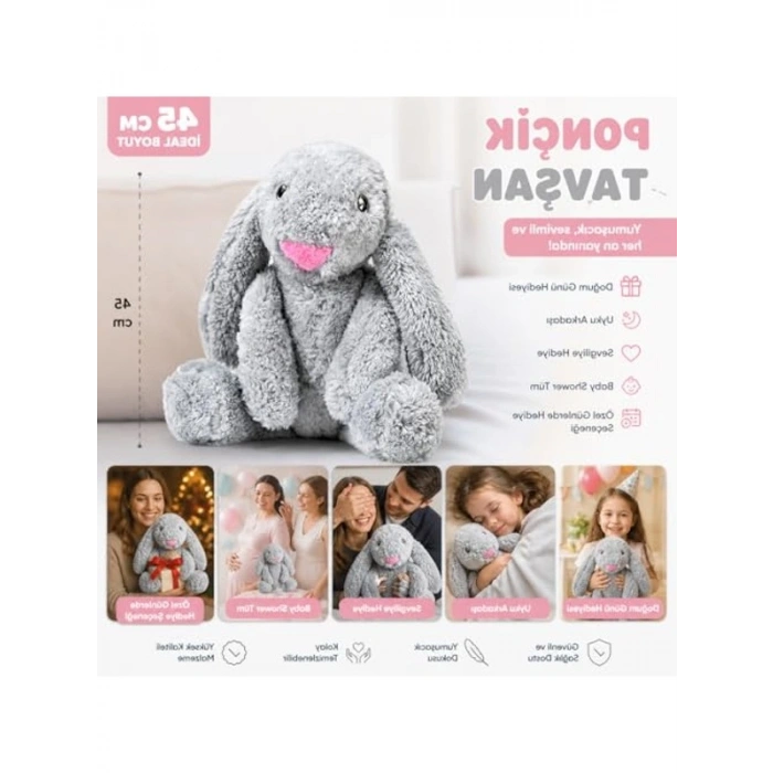 Peluş Gri Tavşan, 45 cm Yumuşak Uyku Arkadaşı