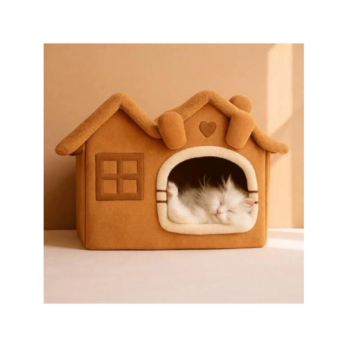 Peluş Kedi Evi, Minderli, Katlanabilir, Camel Renk