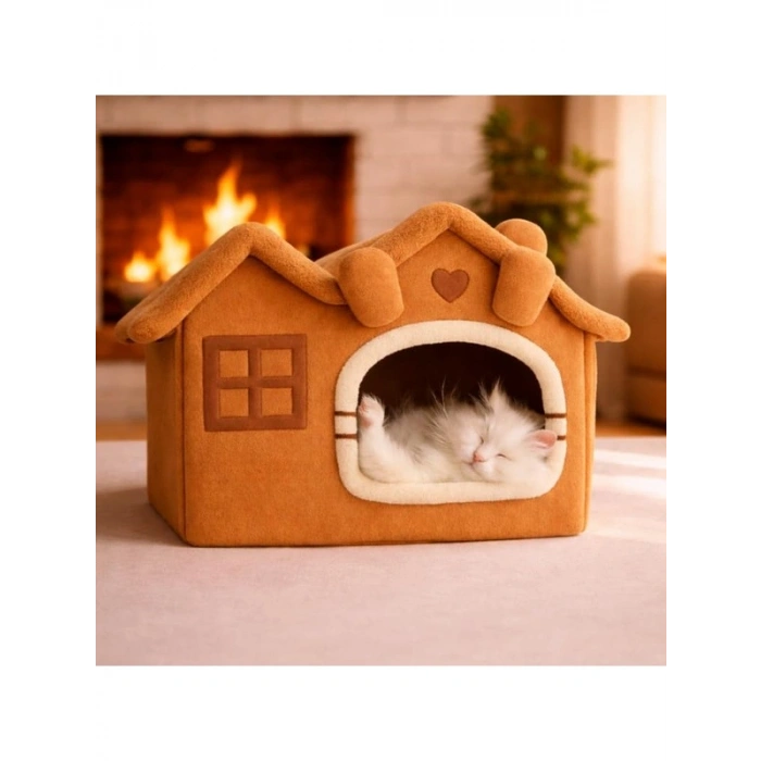 Peluş Kedi Evi, Minderli, Katlanabilir, Camel Renk