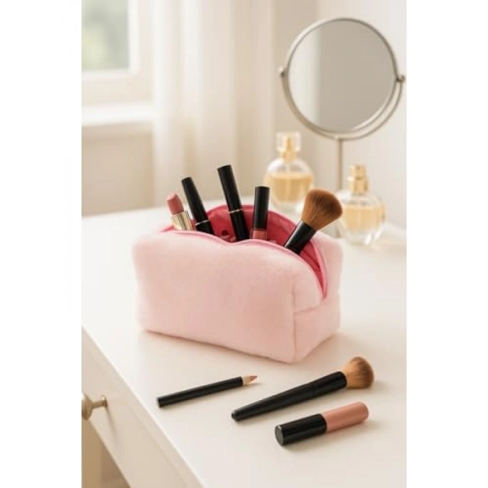 Peluş Yumuşak Makyaj Çantası - Kozmetik Organizeri (Pembe)
