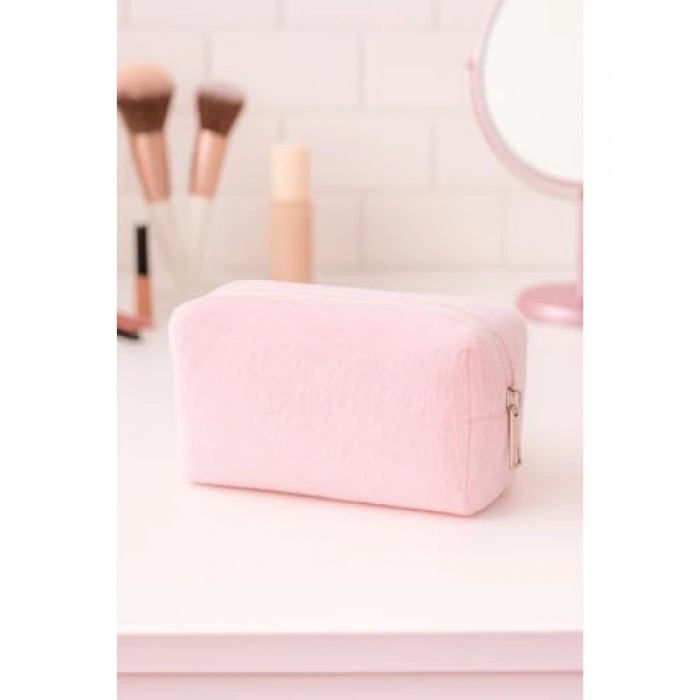 Peluş Yumuşak Makyaj Çantası - Kozmetik Organizeri (Pembe)