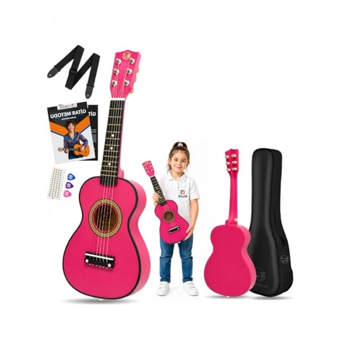 Pembe 6 Telli Çocuk Gitarı, Gerçek Ağaçla Üretildi