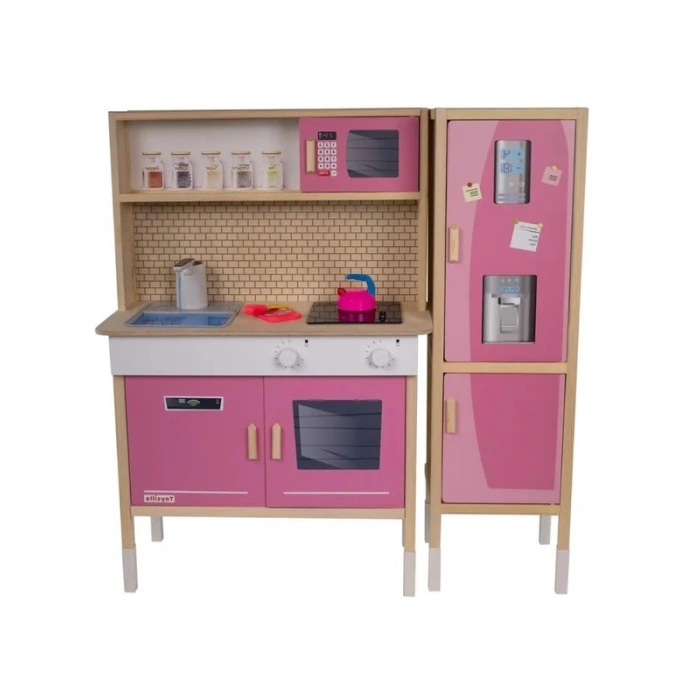 Pembe Ahşap Mutfak Seti, LED Ocağı ve Çalışan Musluk ile