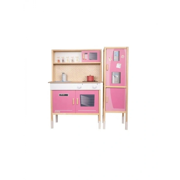 Pembe Ahşap Mutfak Seti, LED Ocağı ve Çalışan Musluk ile