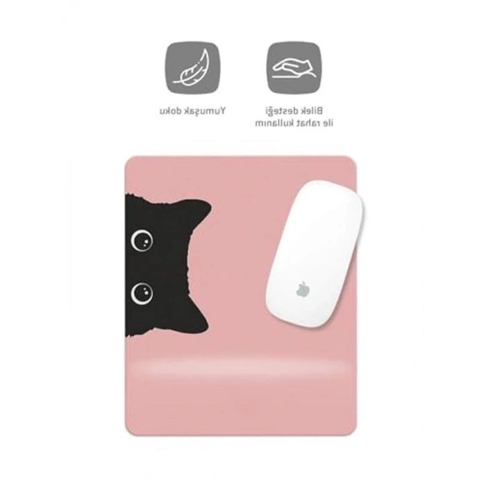 Pembe Kedi Desenli Bilek Destekli Mouse Pad, Rahat Kullanım için