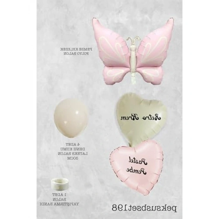 Pembe Kelebekli Kalp Temalı Retro Balon Seti