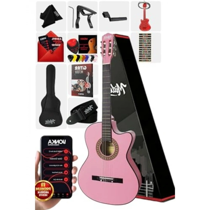 Pembe Renkli 4/4 Boy Klasik Gitar Seti, SOLAK Kullanım için