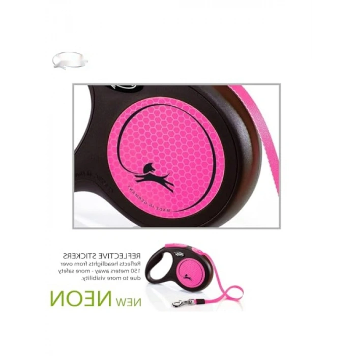 Pembe Renkli 5 Metre Geri Çekilebilen Şerit Tasma (S Beden)