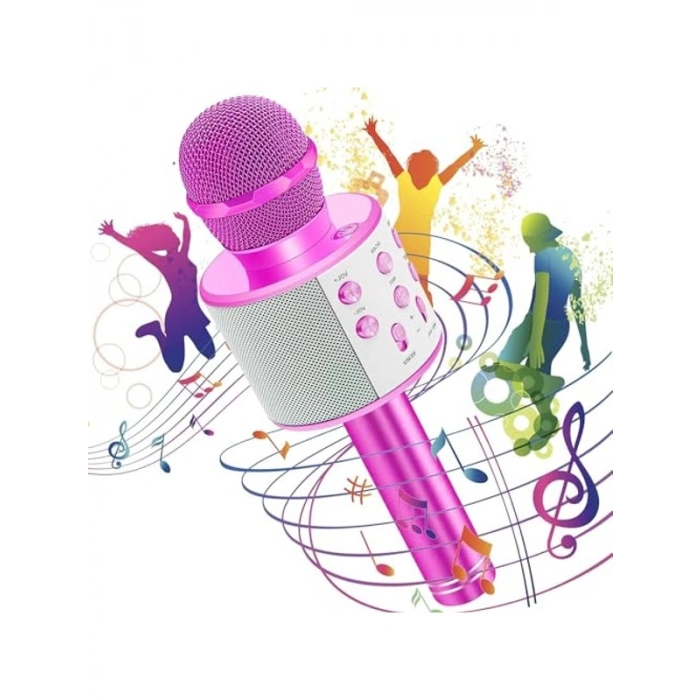 Pembe Renkli Bluetooth Karaoke Mikrofon, USB ve Aux Girişli