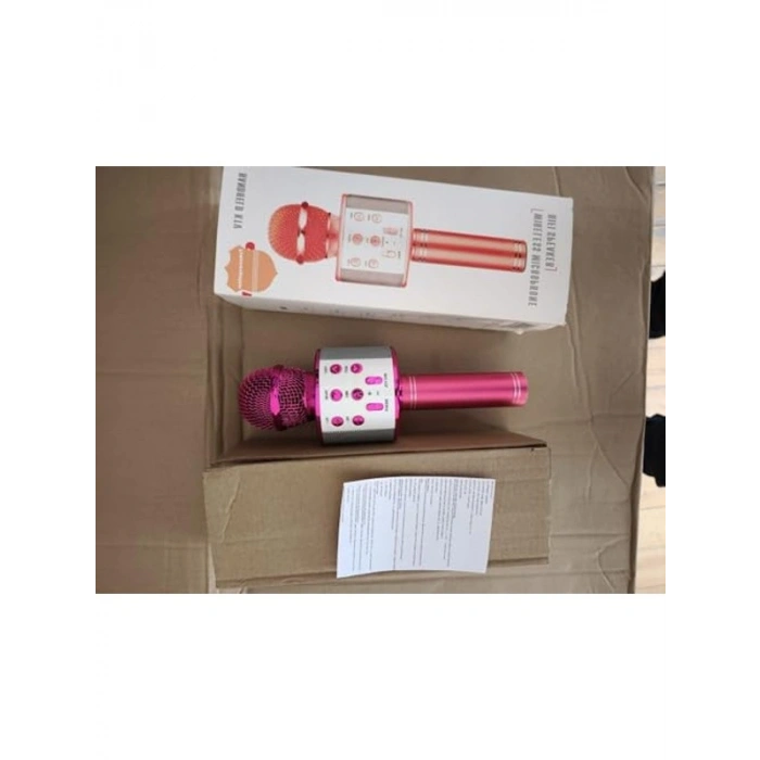 Pembe Renkli Bluetooth Karaoke Mikrofon, USB ve Aux Girişli